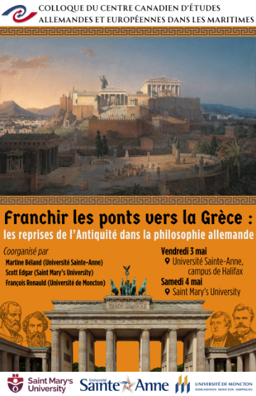 A poster containing information in French about the upcoming french language conference. It includes an artist's rendering of the Agora in Athens and the busts of several german philosophers